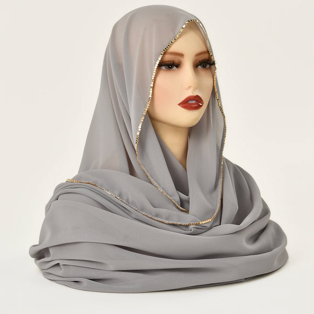 Rhinestone Chiffon Hijab Scarf For Women Stretch Shawl Plain Muslim Headband Fashion Solid Color Long Muffler