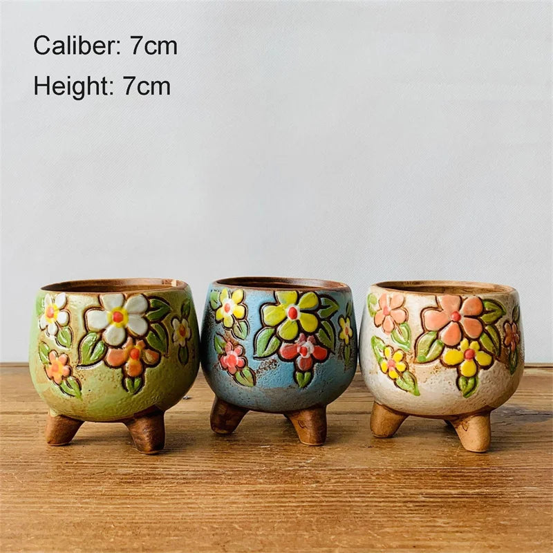 Retro Simple Fleshy Flower Pot Ceramic Hand-painted Fresh Thumb Pot Coarse Pottery Permeable Pot Living Desk Home Decoration