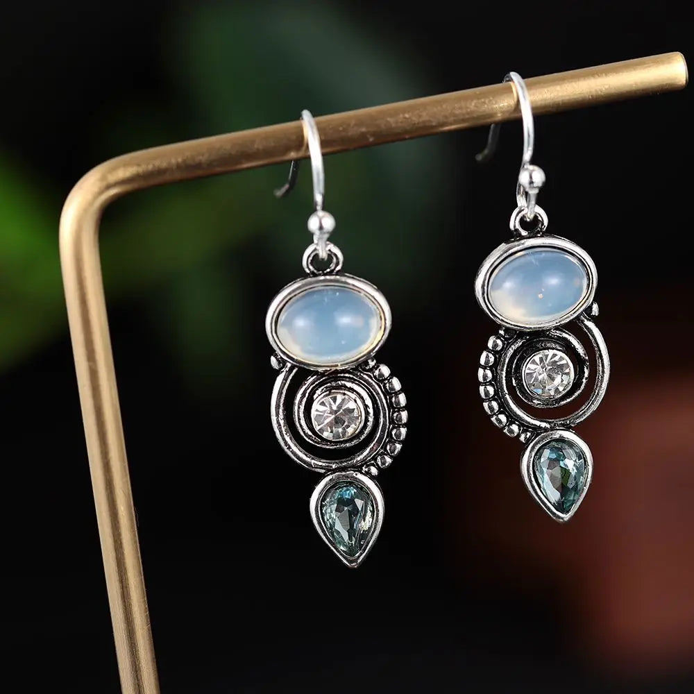 Vintage Women Natural Charm Multi-Gemstone Rainbow Moonstone Peridot Amethyst Turquoise Pendant Earrings Dangle Earrings Jewelry