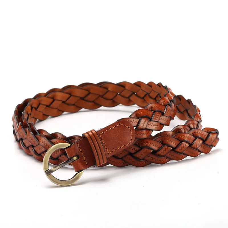 Women Leather Belt Waist Bands with Round Gold Buckle Braided Dress Belt Casual Thin Belt For Student Ladies Clothes Accessories