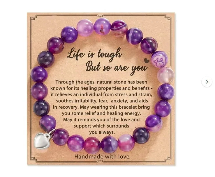 8mm Pink Zebra Beads Bracelets with Card Matte Natural Stone Purple Agate Crystal for Women Men Yoga Meditation Jewelry Gift