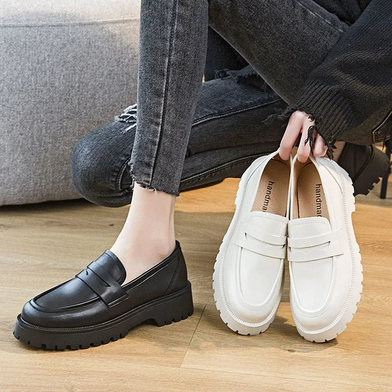 Genuine Leather Spring Autumn Shoes Female British Style 2025 New Thick-soled College Style Casual Loafers Fashion Shoes Girls