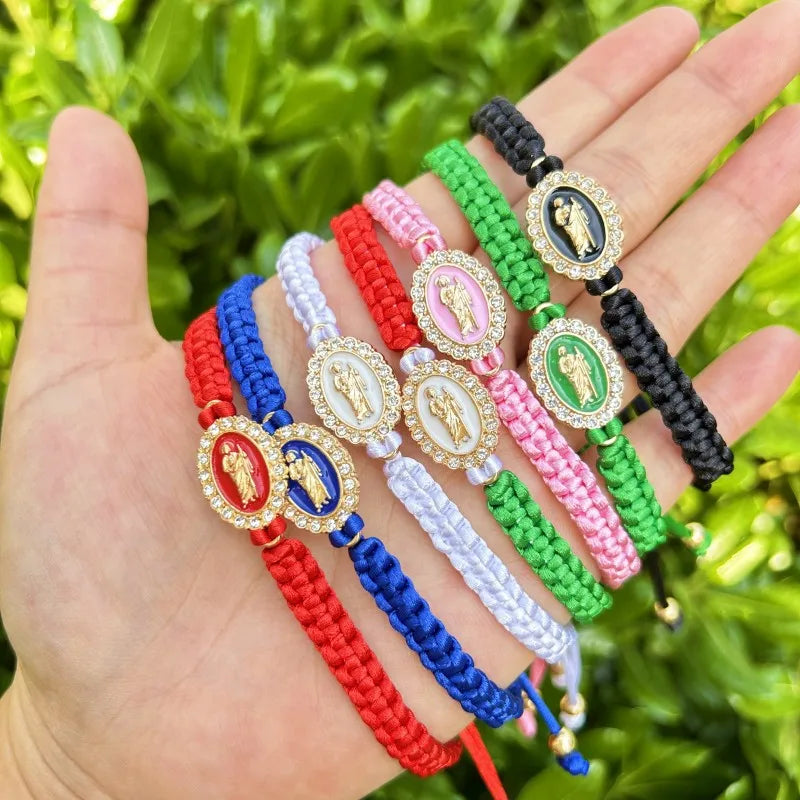 Mexican Religious San Judas Tadeo Jewelry Our Father Of Saint Jude Charm Handmade Rope Chain String Braided Bracelet for Women