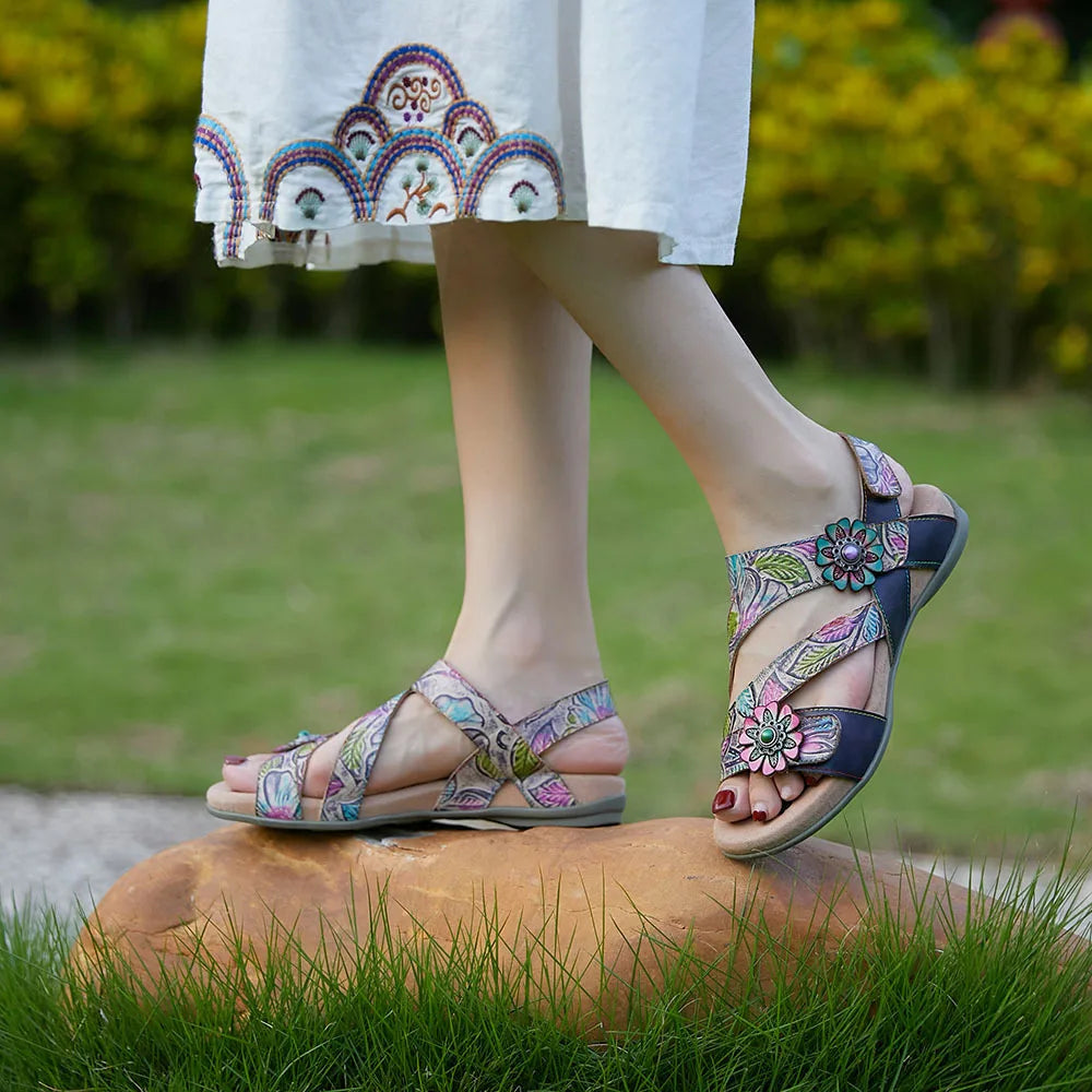 Johnature Bohemian Vintage Printed Genuine Leather Sandals Summer 2025 New Versatile Lightweight Women's Shoes