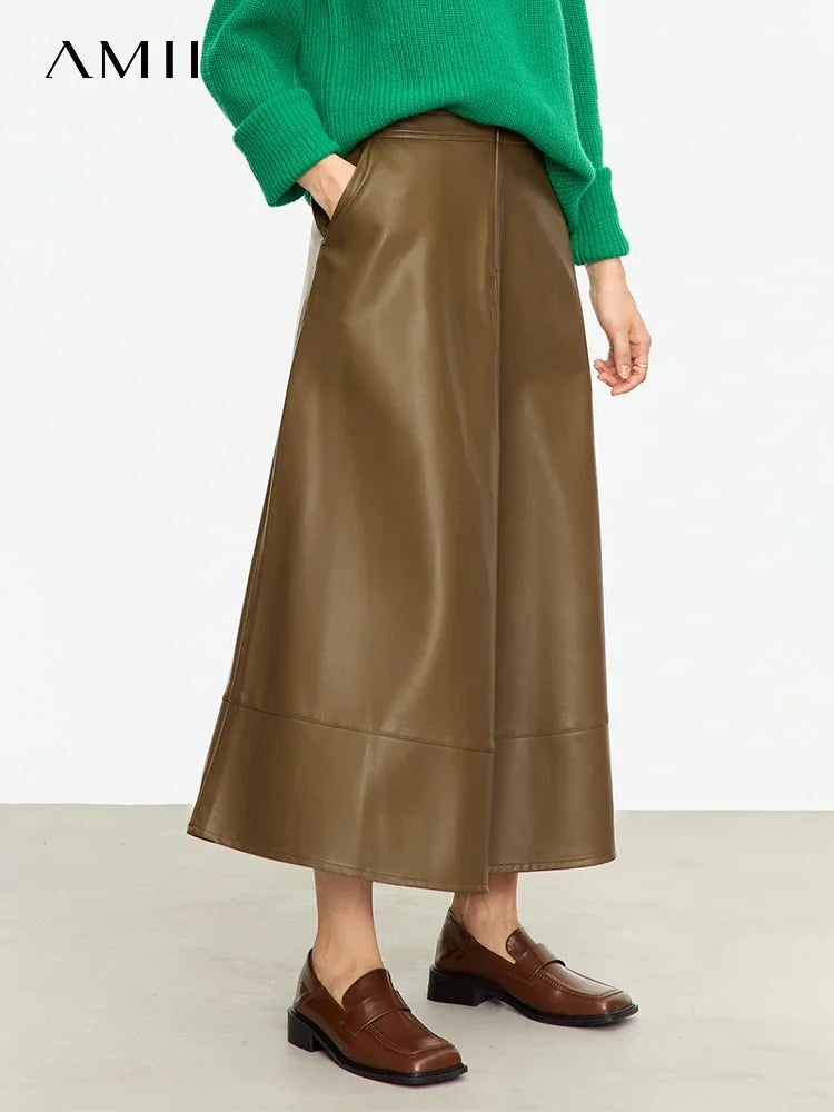 AMII Minimalist Fashion Women Skirt 2023 Autumn New Loose Simple Mid-length A-line Office Lady PU Leather Solid Skirts 12343134