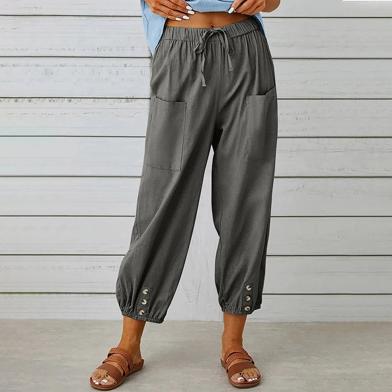 Cotton Linen Harem Pants Women Casual Elastic High Waist Lace Up Loose Ankle Trousers Vintage Harajuku Wide Leg Straight Pants