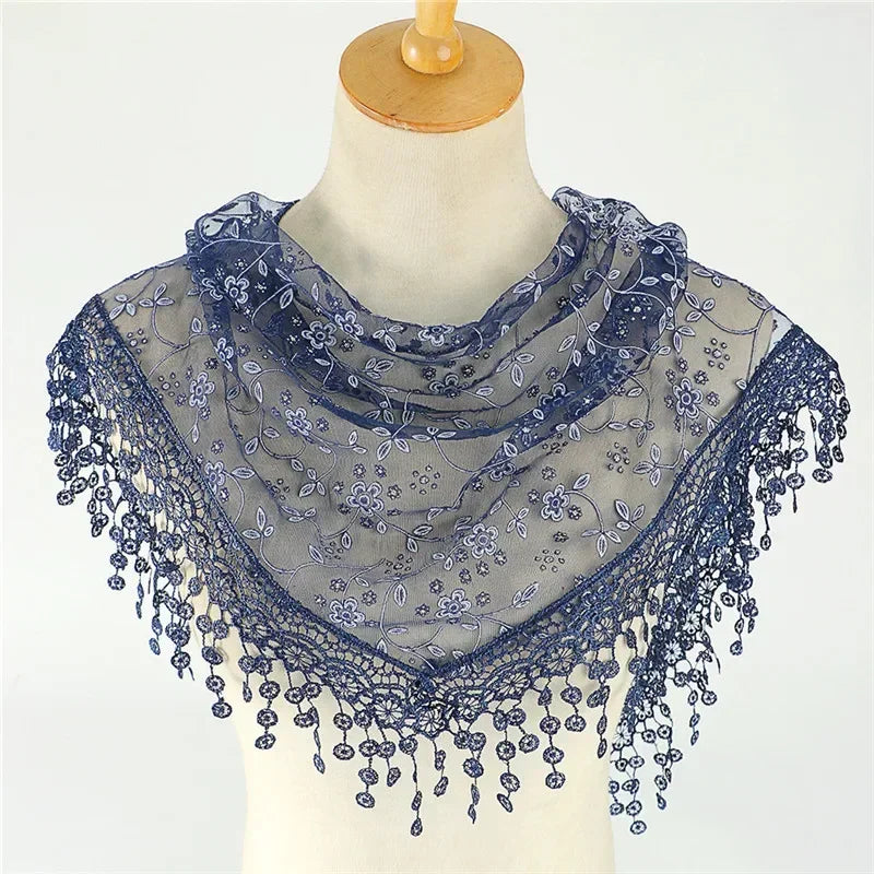Women Triangle Scarf for Church Prayer Shawl Embroidered Lace Veil Floral Tassel Veils Mantillas for The Church's Pendant Scarve