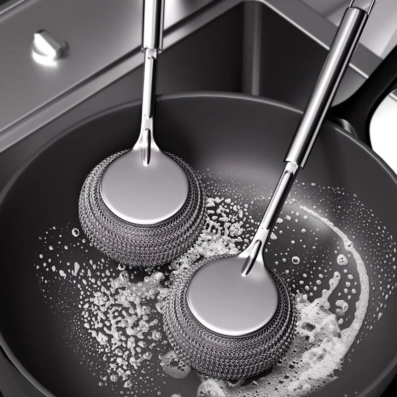 Stainless Steel Pot Brush Kitchen Special Pot Washing Steel Wool Ball Brush Long Handle Dish Cleaning Brush Pot Brush Magic Tool