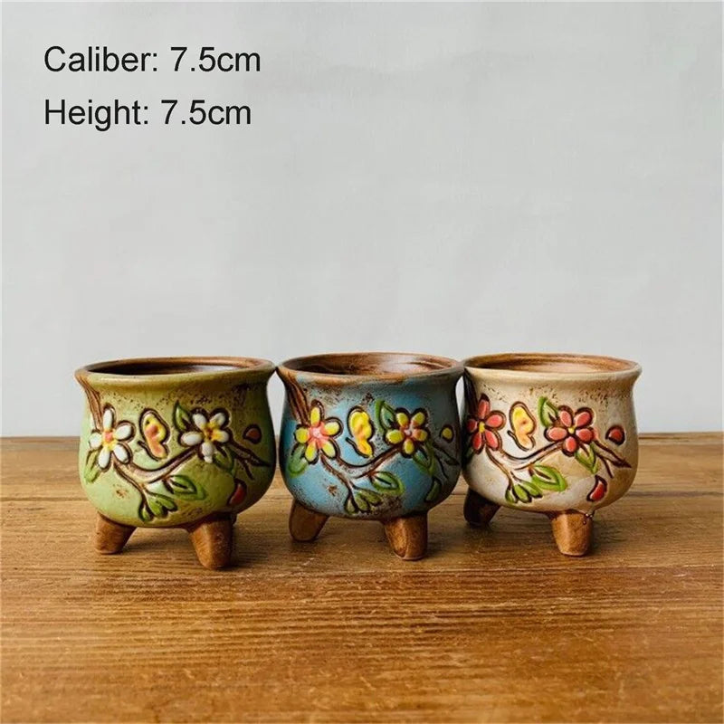 Retro Simple Fleshy Flower Pot Ceramic Hand-painted Fresh Thumb Pot Coarse Pottery Permeable Pot Living Desk Home Decoration