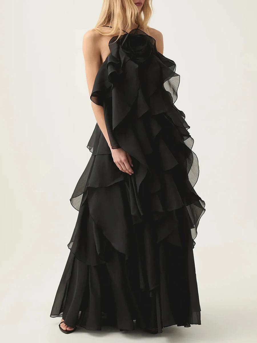 VGH Sexy Spliced Ruffles Backless Loose Dresses for Women Strapless Sleeveless Patchwork Flowers Minimalist Long Dress Female