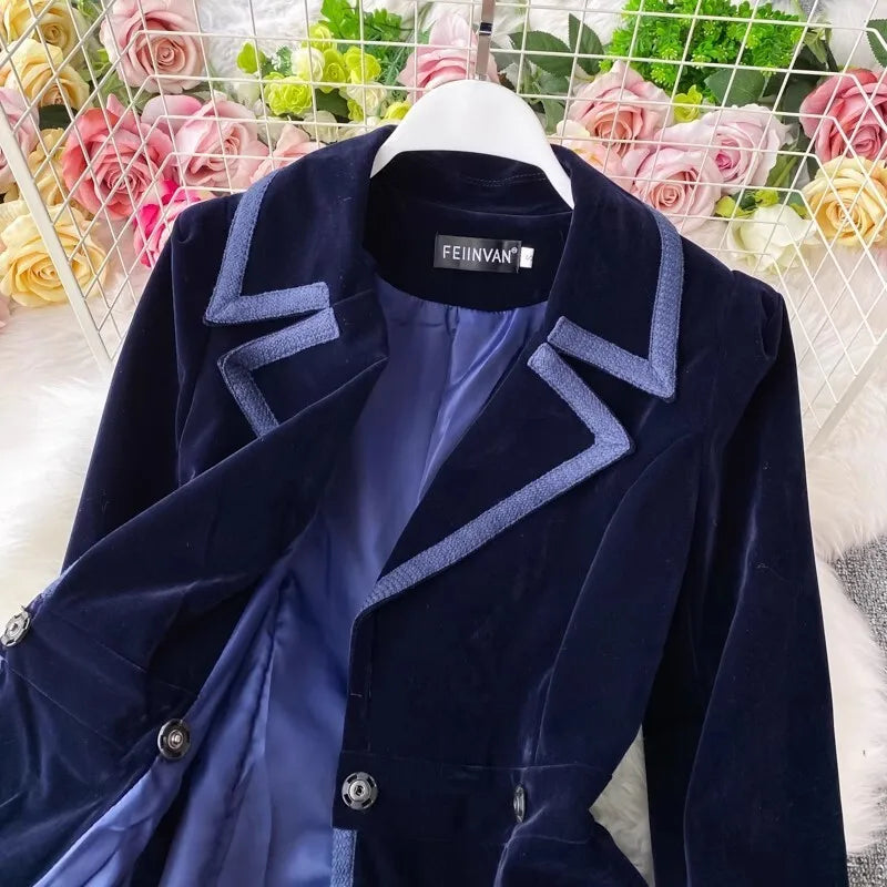 Autumn Winter Velvet Trench Blazer Dress Women Suit Coat Long Sleeve Solid Office Lady Work Dresses Windbreaks