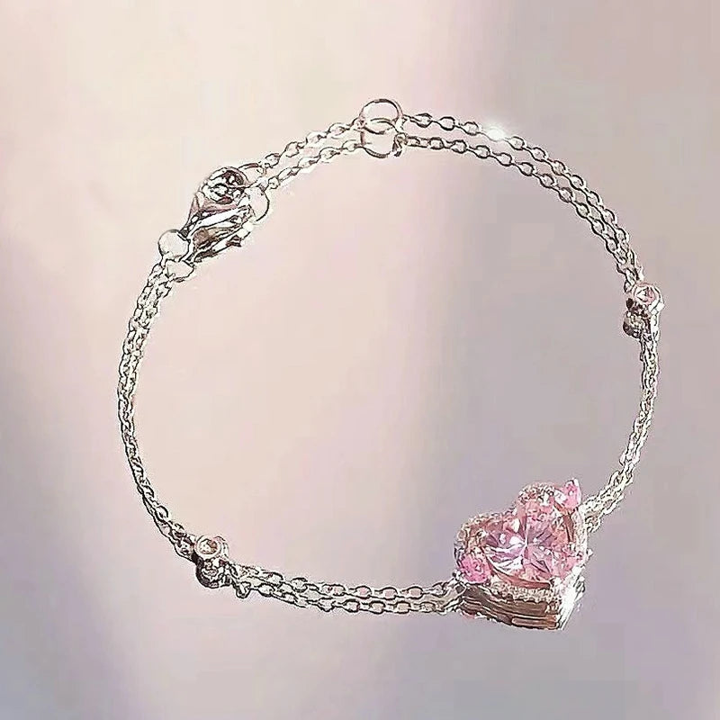 Fashion Silver Color Hollow Double Heart Bangle Women Shining Zircon Charm Bracelet Adjustable Minimalist Style Jewelry Gifts