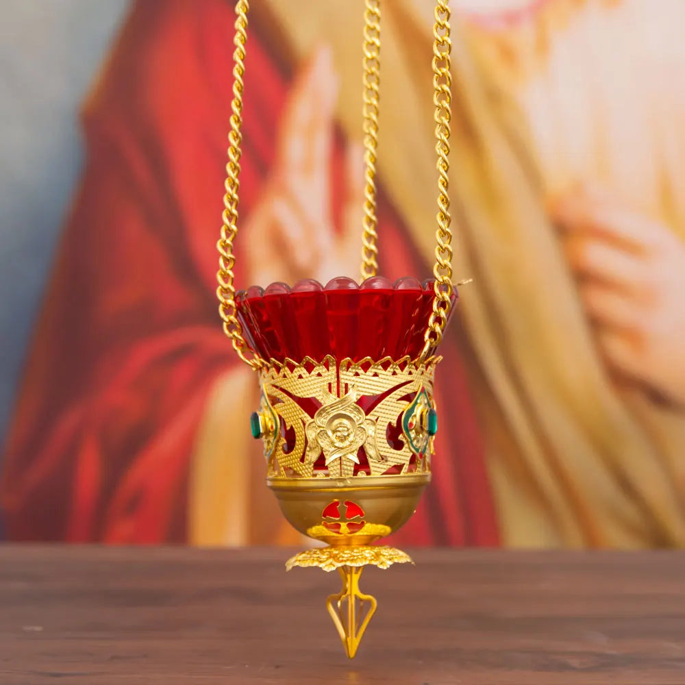 Orthodox Christian Hanging Oil Lamp,Orthodox Vigil Oil Lamps with Red Glass Cup,for Religious Ceremonies and Daily Use