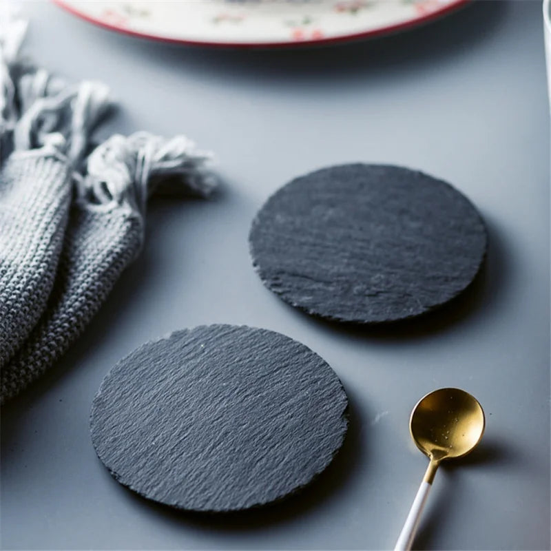 Round Natural Black Stone Slate Plate Serving Plate Cheese Pizza Dessert Cake Plate Western Steak Plates Cup Mug Rock Coaster