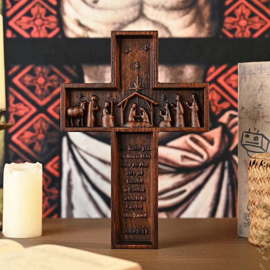 Wood carving Jesus birth cross crafts home church decoration cross-border ornaments solid wood pendant wooden foreign trade