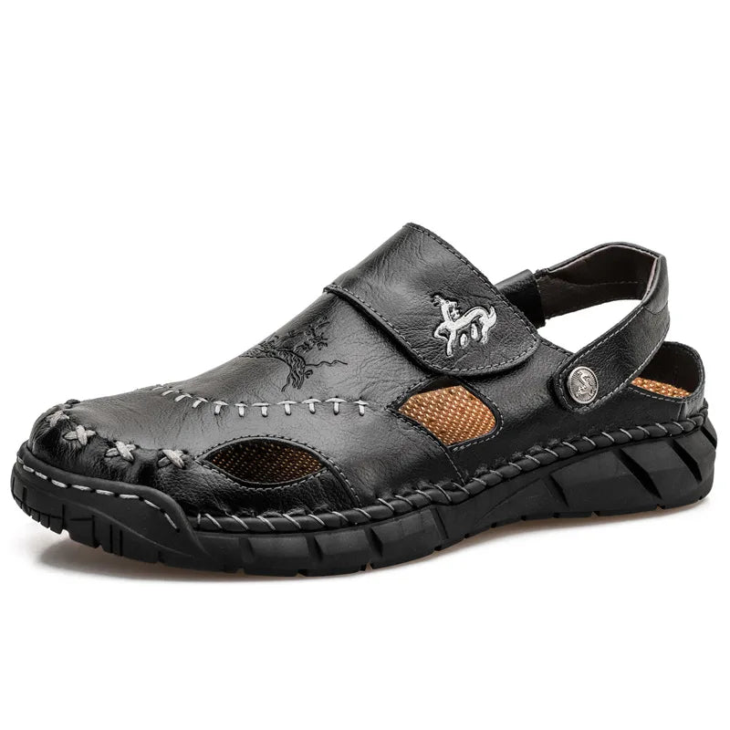 High quality leather flat sandals for men round toes new summer 2025 size 49 50 casual outdoor walking big size shoe black brown