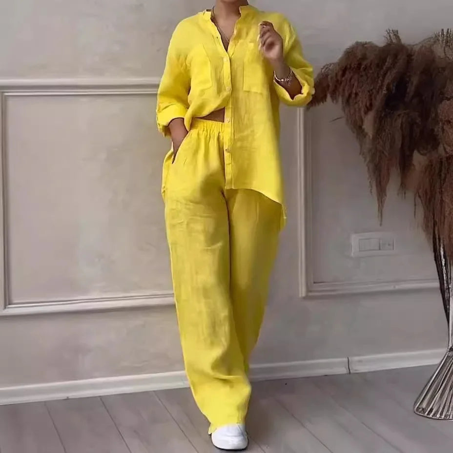 Cotton Linen Shirt Pants 2 Piece Set For Women 2024 Spring Autumn Long Sleeve Blouse Wide Leg Solid Suits Female Casual Outfits