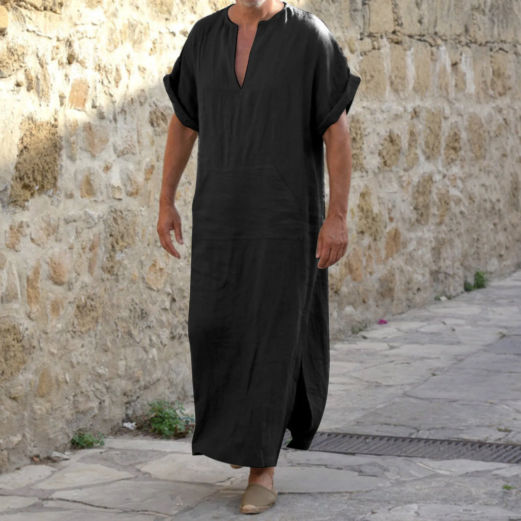 Men's Cotton Linen Long Robe Short Sleeve V Neck Jubba Thobe Arabia Muslim Costume Kaftan Arab Islamic Loose Casual Clothes 2024
