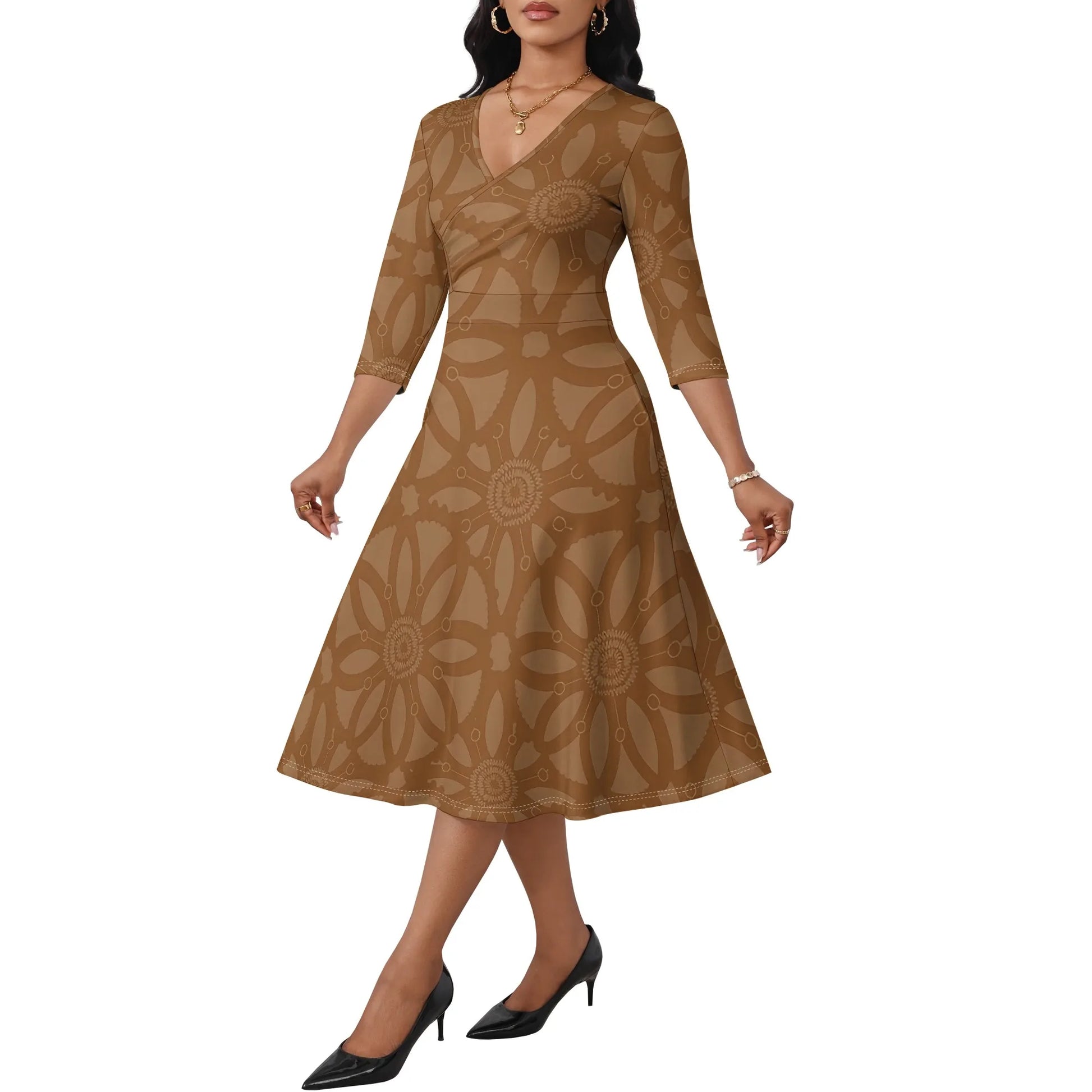 Mudcloth Inspired Print Wrap Dress XS-3XL Modern Afro A-Line Style with V-Neck for Juneteenth, Gallery Visit or Boho Fall Look