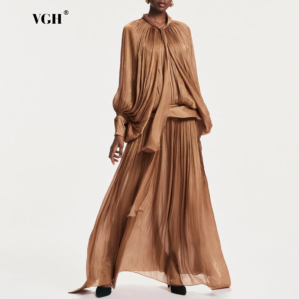 VGH Minimalist Spliced Folds Maxi Dresses for Women Scarf Collar Lantern Sleeve Loose Waist Casual Temperament Dress Female New