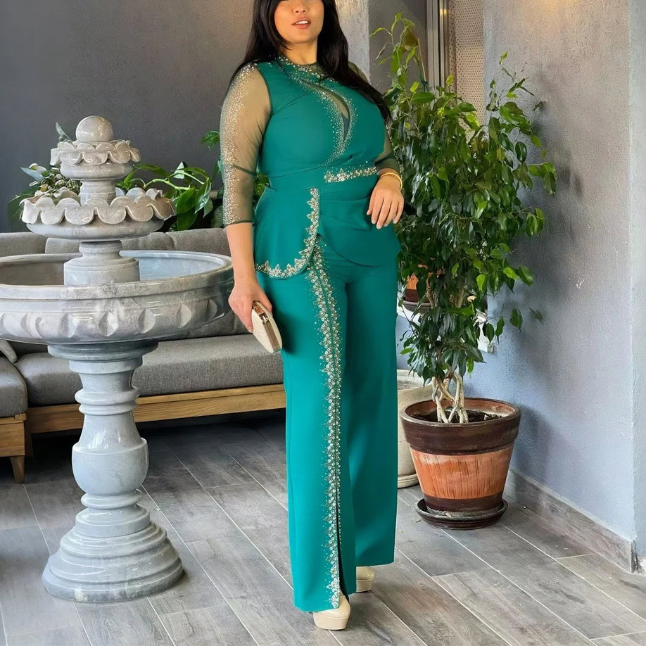 Women 2 Pieces Pants Sets African Ladies Blouse & Long Trousers Beaded Diamond Transparent Sleeve Fashion Business Work Outfits
