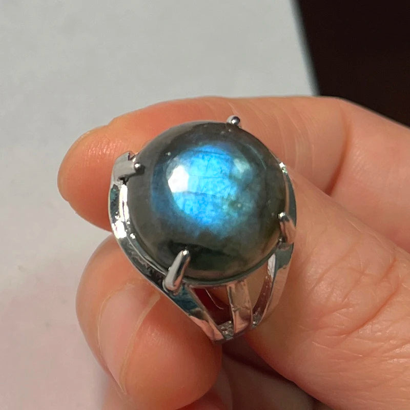Ring Natural Stone Round Bead Blue Labradorite Adjustable Finger