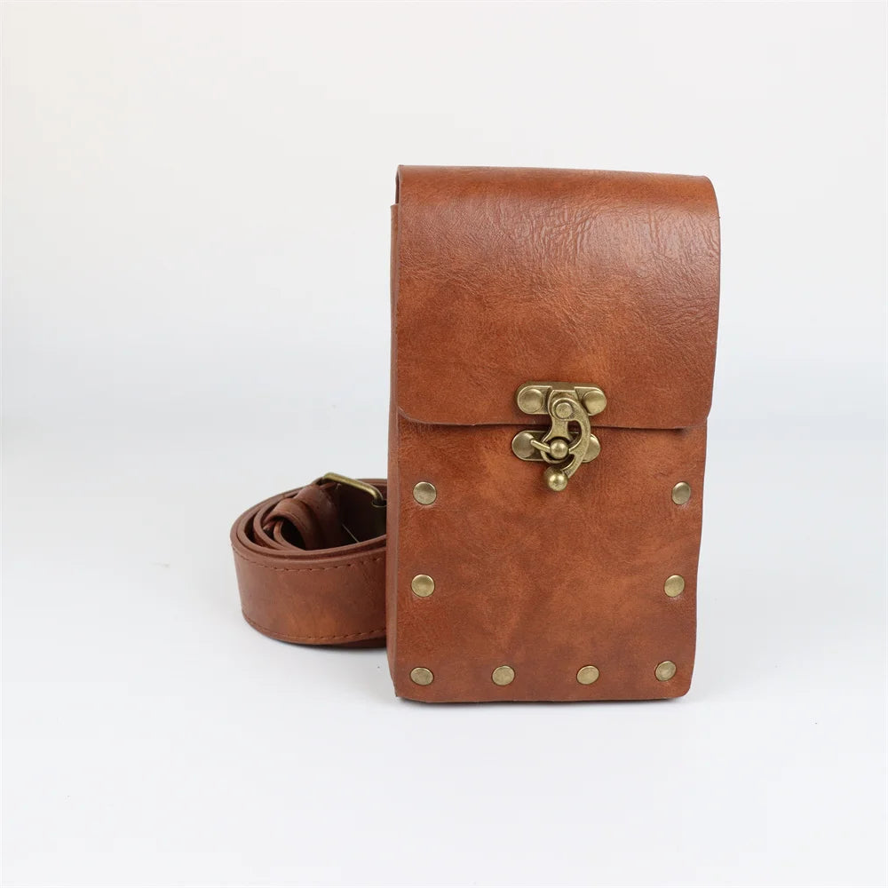 Black Medieval Leather Belt Brave Knight Retro Copper Coin Waist Bag Gold Hardware Skirt Clip Cosplay Role-playing Props Belt