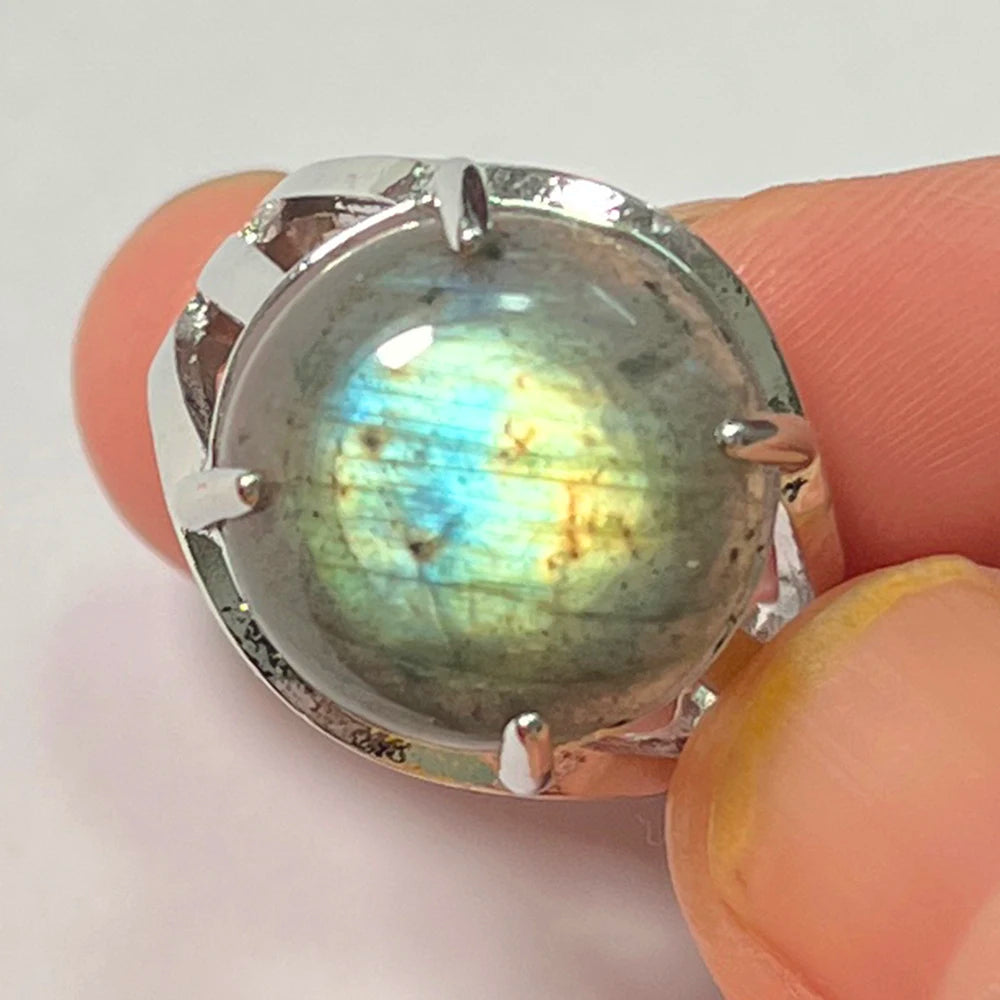 Ring Natural Stone Round Bead Blue Labradorite Adjustable Finger