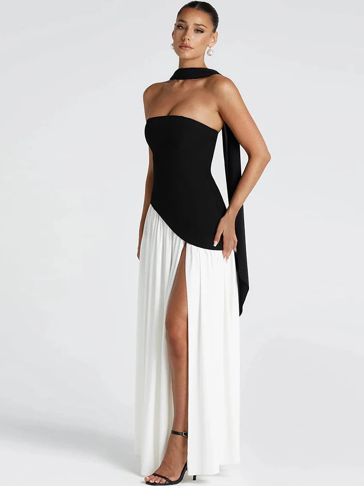 kliou Patchwork Draped Women Dress Classic Solid Wrapped Chest Draped Flare Long Robe Mujer Concise High Street Elegant Frock