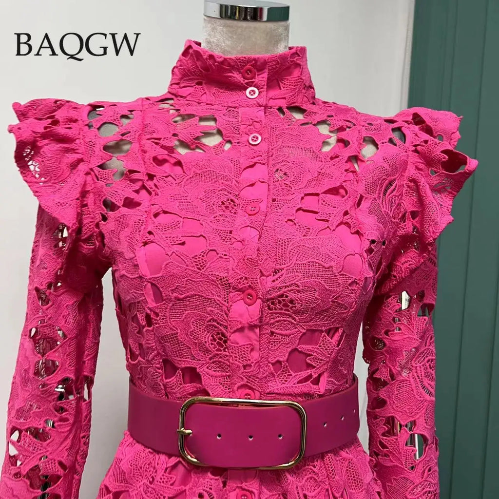Minimalist Solid Dresses for Women Stand Collar Long Sleeve High Waist Spliced Hollow Out Slim Chic Dress Female Summer 2023
