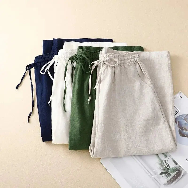 Cotton LinenCasual Solid Lace Up Elastic High Waist Loose Wide Leg Women's Pants Ankle-Length Pants For Women Clothing Fashion