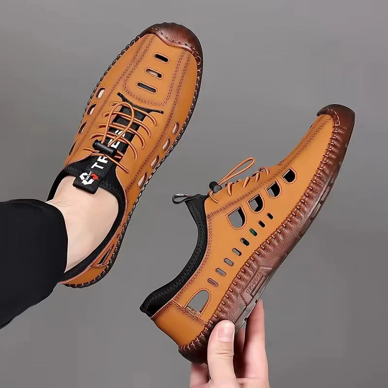 Men's Soft Leather 2024 Summer Men Leather Sandals Breathable Non-slip Cow Tendon Sole Casual Leather Shoes Outdoor Beach Shoes