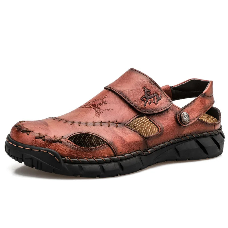 High quality leather flat sandals for men round toes new summer 2025 size 49 50 casual outdoor walking big size shoe black brown