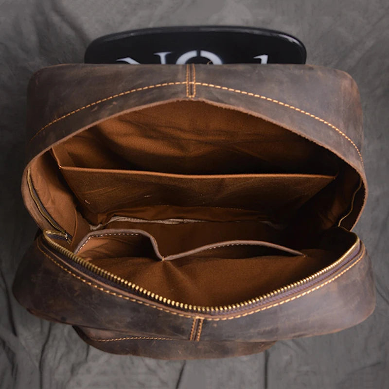 Vintage Leather Men's Backpack Large Capacity 15.6 Inch Laptop Bag Crazy Horse Leather Retro Travel College School Backpack