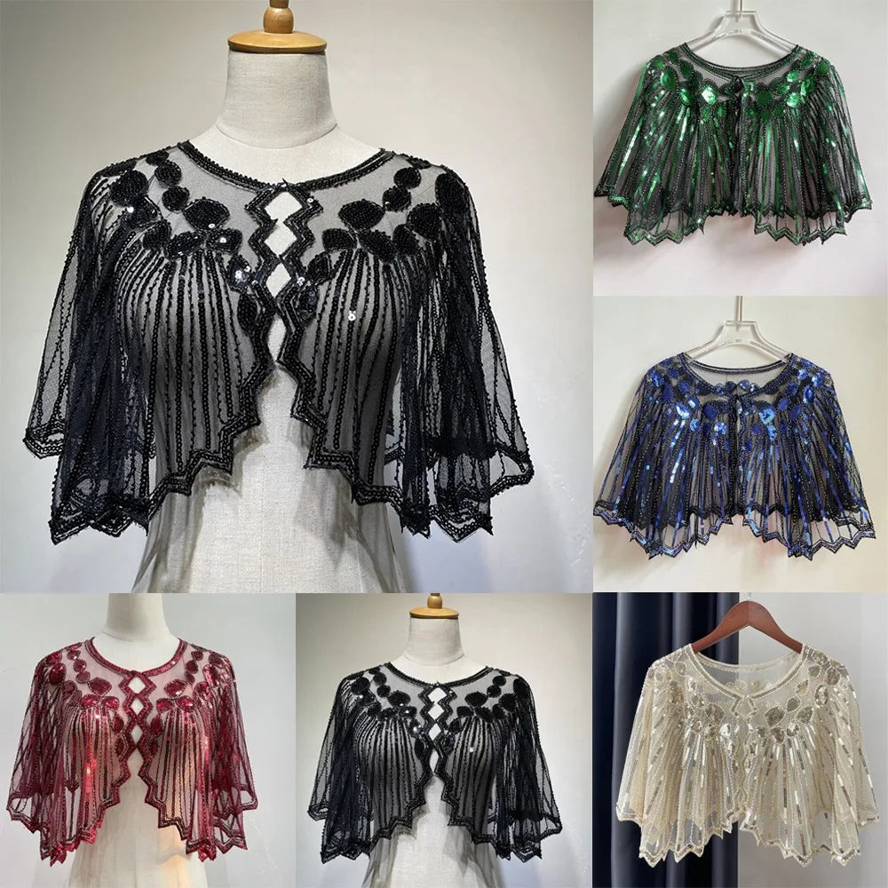 Women's 1920s Shawl Wedding Party Shawl Beaded Sequin Deco Evening Cape Flapper Cover Up Gatsby