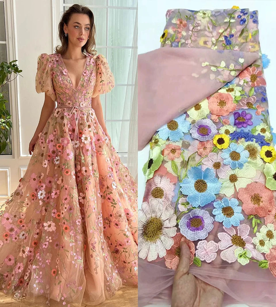Unilateral embroidered cloth 3D applique embroidered fabric high-end women's dresses wedding dress material
