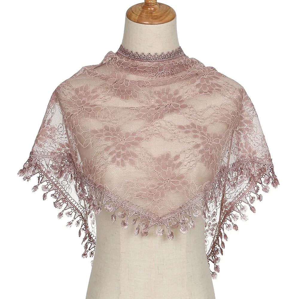 Fashion Women Triangle Wrap Fringed Shawls Head Scarf Tassel Embroidery Lace Scarves Flower Hijab Bandana Prayer Kerchief Church
