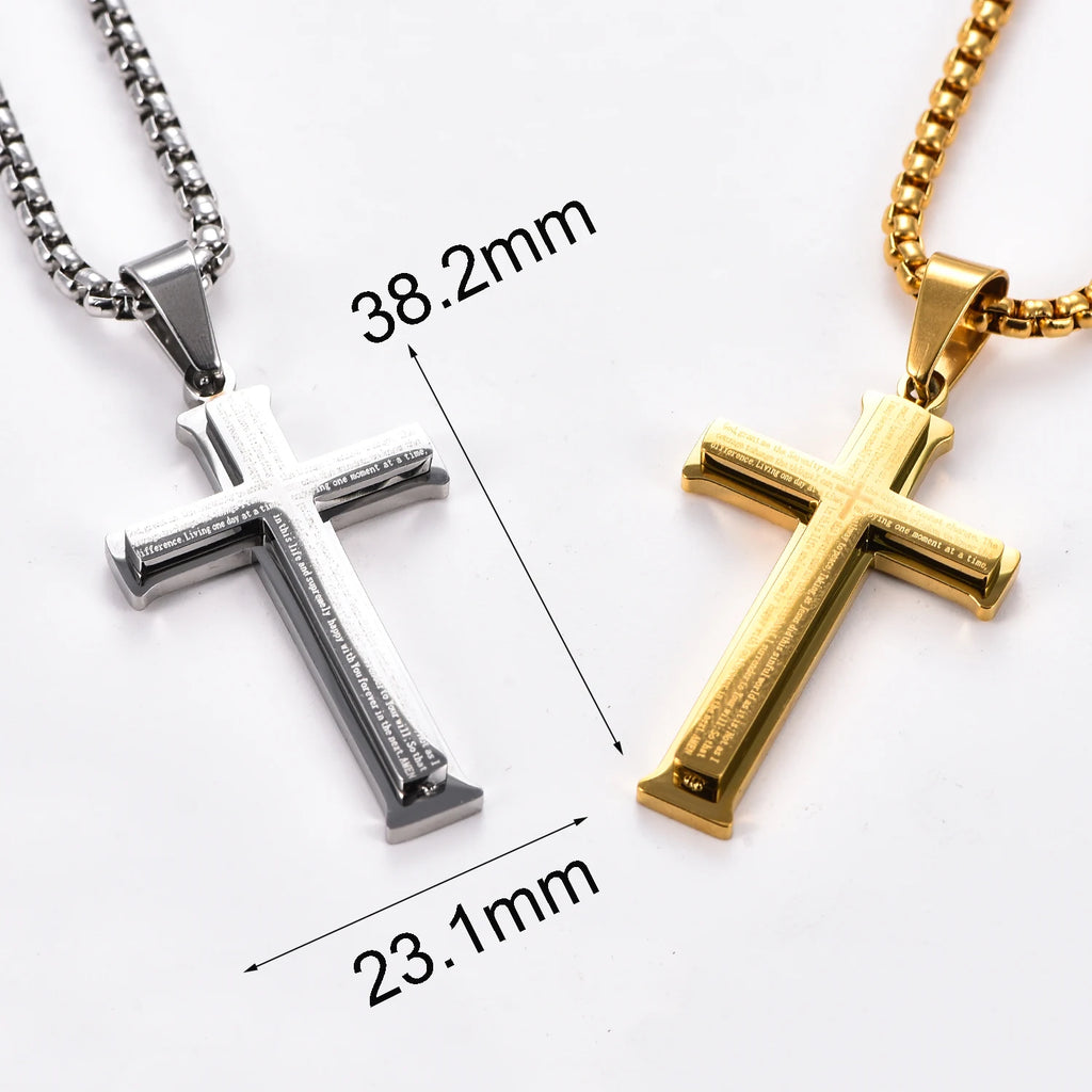 Simple Stainless Steel Bible Letter Cross Pendant for Men Women Catholic Prayer Jewelry Gifts