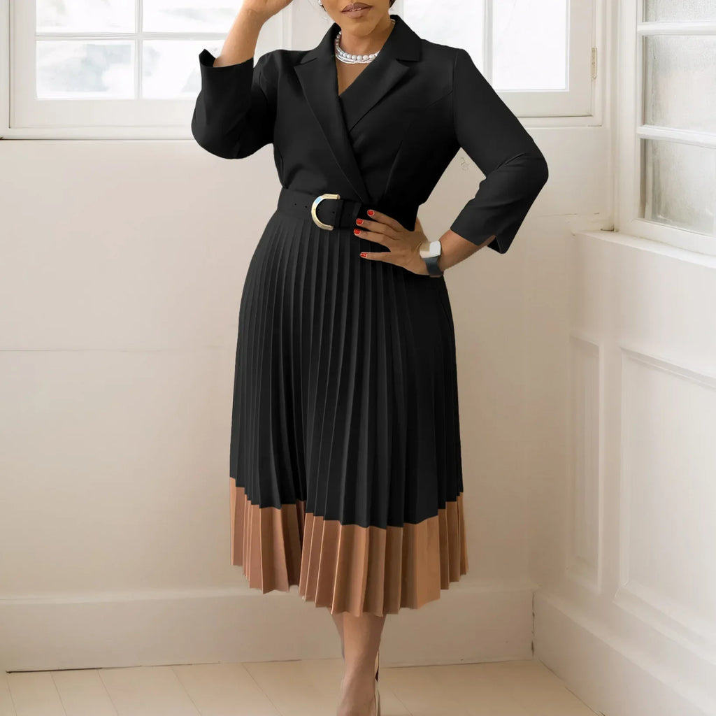 A-line Pleated Blazer Dresses for Women High Waisted Party Suit V-neck Long Sleeved Elegant African Modest African Work Wear New