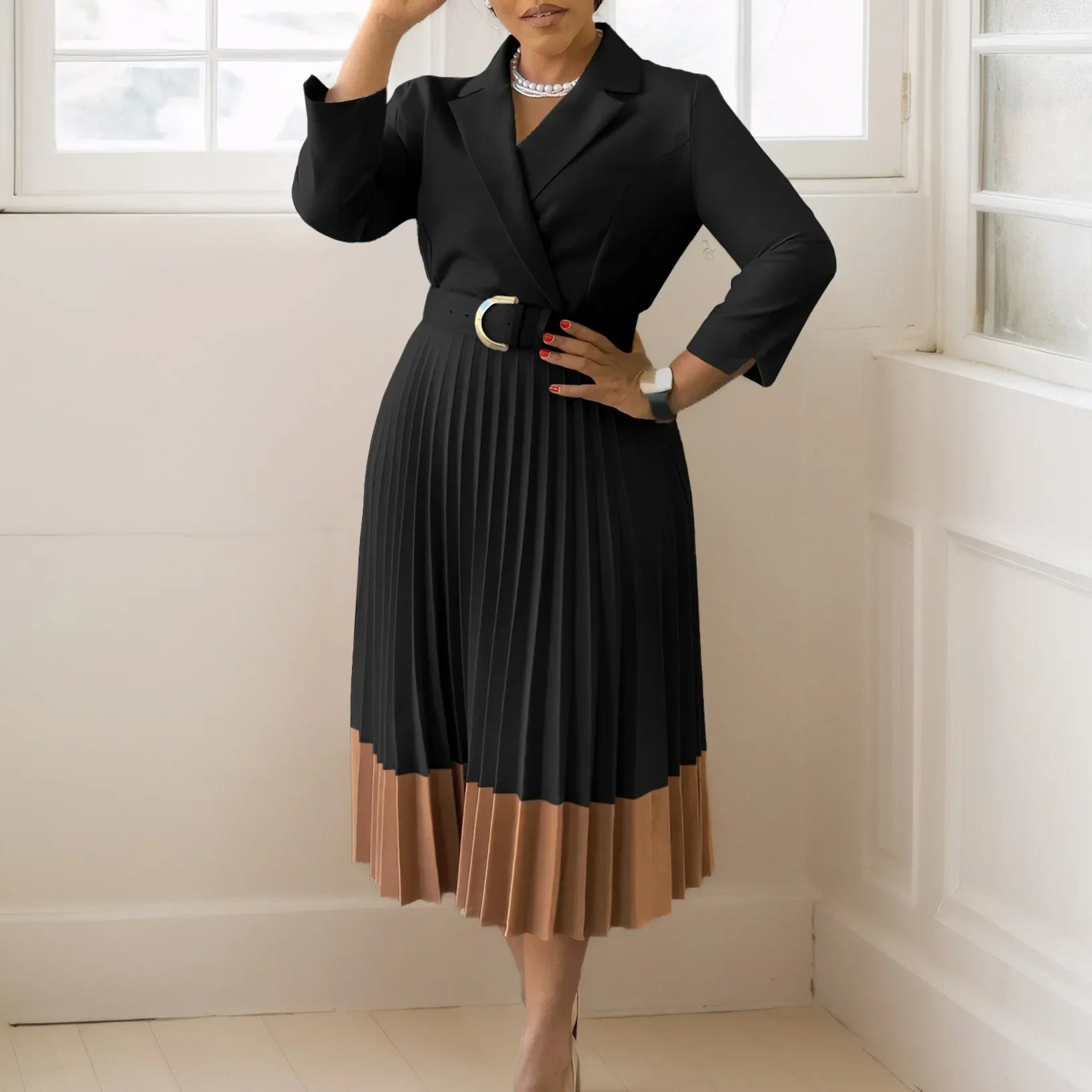 A-line Pleated Blazer Dresses for Women High Waisted Party Suit V-neck Long Sleeved Elegant African Modest African Work Wear New