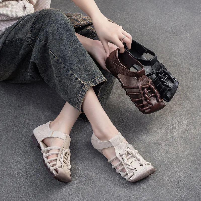 Genuine Leather Sandals Women Handmade Woven Literary Style Hollow Flat Roman Sandals Ladies Summer Shoes Sandalias