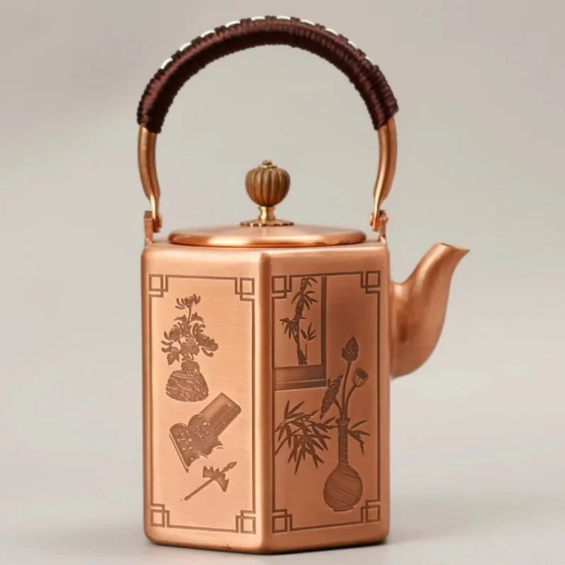 Pure Copper Coffee Pot,Retro Creative Hexagon Teaware 1000 ml Milk Tea Filter Weave Heat Carry By Hand Kettle,Handcrafted Teapot