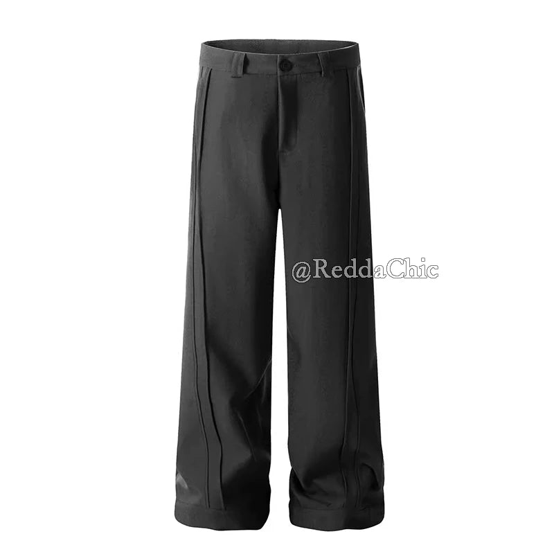 REDDACHiC Men's Pleated Silhouette Wide Leg Pants Unisex Casual Loose Clean Fit Barrel Plain Black Trousers Office Work Clothes