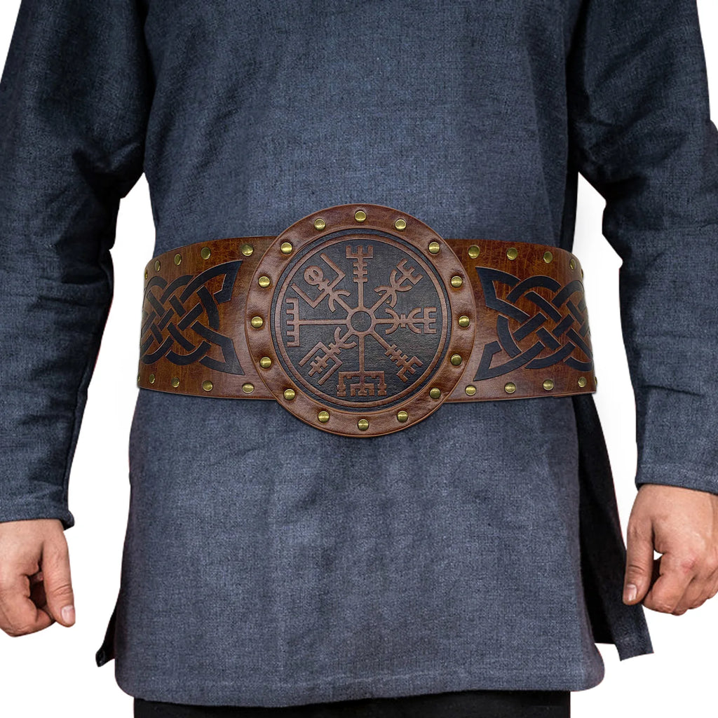 Viking style Wide embossed PU leather belt with Medieval Nordic Renaissance Knight Armor Waist Belt Accessory Halloween Party