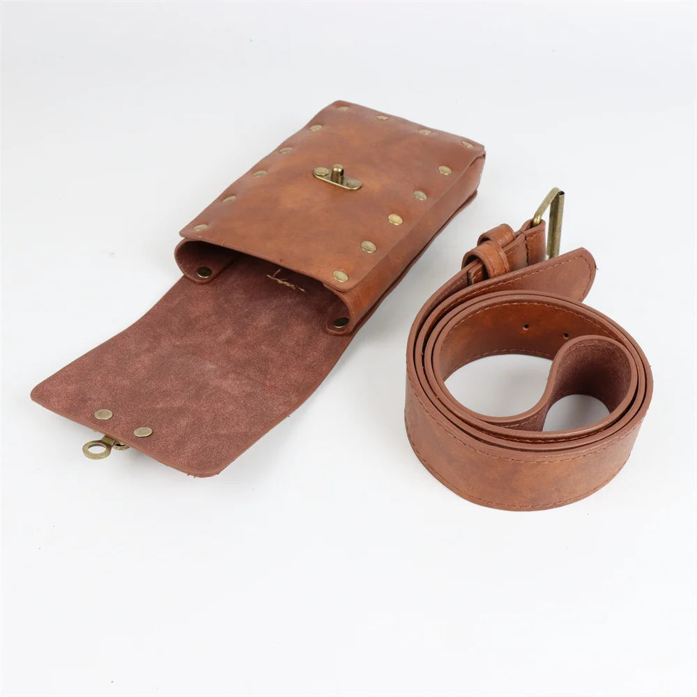 Black Medieval Leather Belt Brave Knight Retro Copper Coin Waist Bag Gold Hardware Skirt Clip Cosplay Role-playing Props Belt