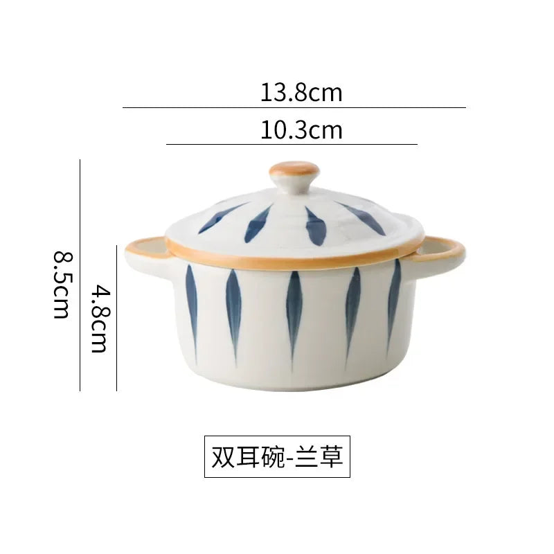 Ceramic Bowl Cartoon Double Ear Bowl with Lid Kid Food Supplement Bowl Ramen Bowl Salad Food Containers Microwave Oven Tableware