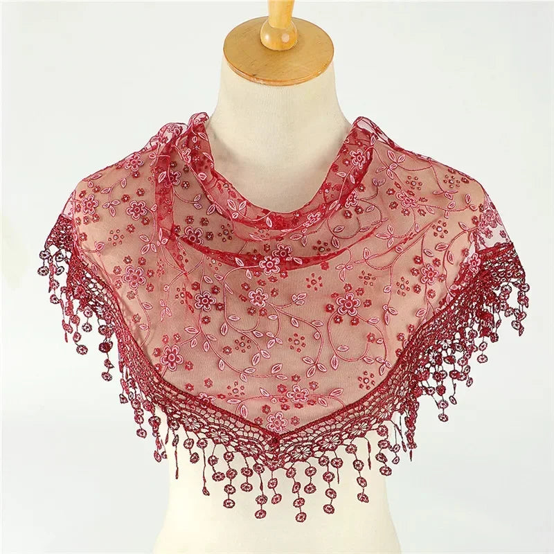 Fashion Women Triangle Wrap Fringed Shawls Head Scarf Tassel Embroidery Lace Scarves Flower Hijab Bandana Prayer Kerchief Church