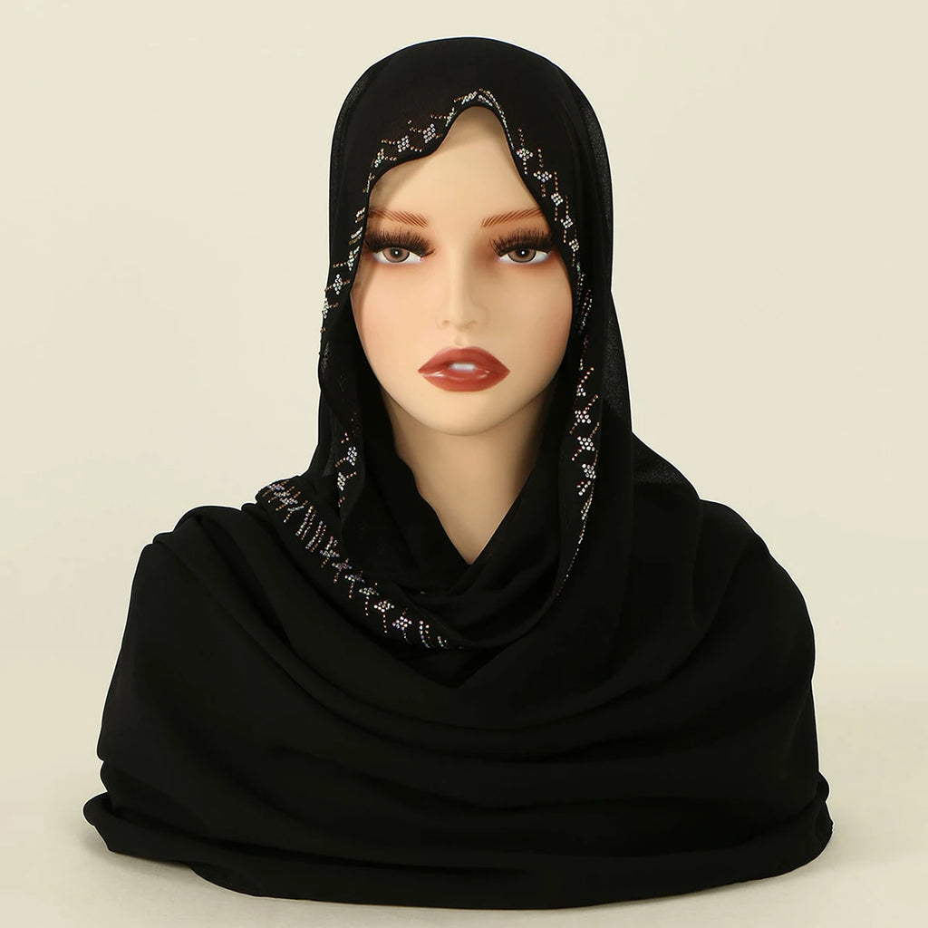 Rhinestone Chiffon Hijab Scarf For Women Stretch Shawl Plain Muslim Headband Fashion Solid Color Long Muffler