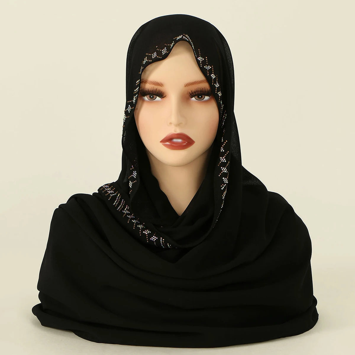 Rhinestone Chiffon Hijab Scarf For Women Stretch Shawl Plain Muslim Headband Fashion Solid Color Long Muffler