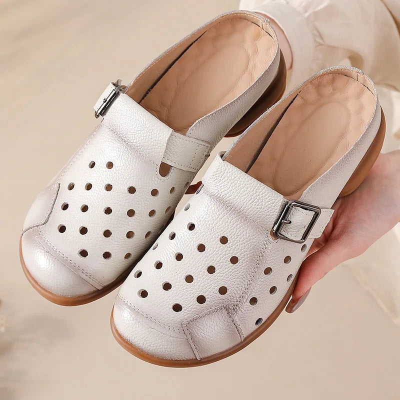 2025 Cow leather low heel sandals women's hollow out mules shoes woman buckle strap slipper sandals ladies elegant slip on shoes